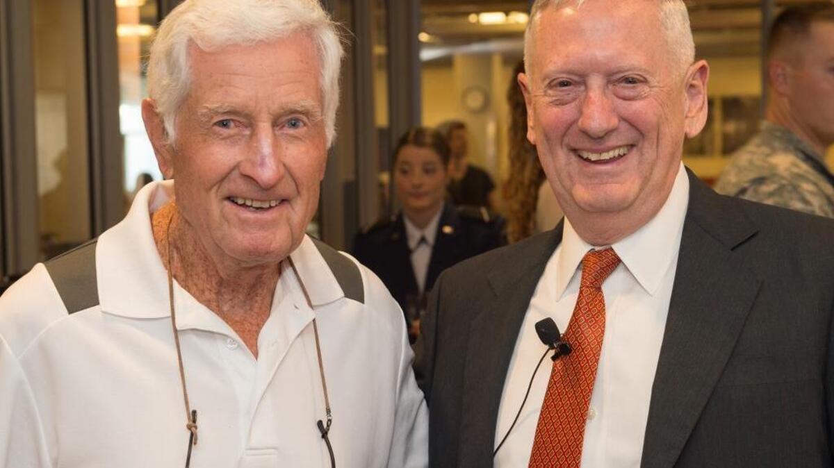 Ex-Washington State University tennis coach Rex Davis, left, with his former PE student, retired Marine Gen. James Mattis.