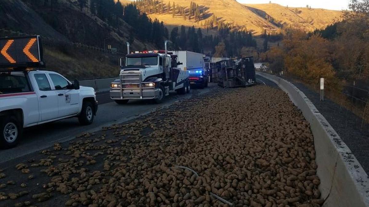 Interstate 84 eastbound at Baker City was closed Saturday morning after a potato truck crashed and lost its load of spuds.