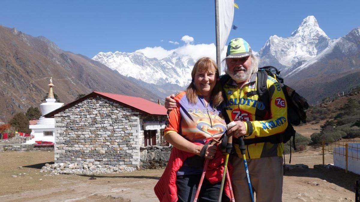 Bob and Georgia Talbert during their 2015 trip to Nepal, with the peak Ama Dablam in the background. They’re returning this month for more trekking and to volunteer.