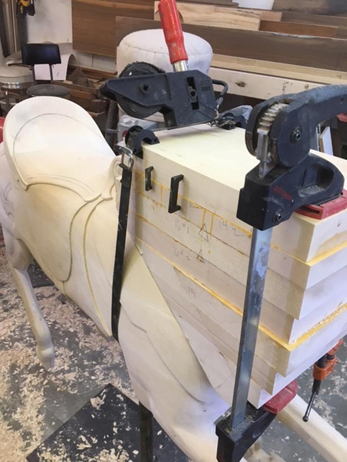 The horse was carved out of a stack of basswood during the course of several hundred hours.