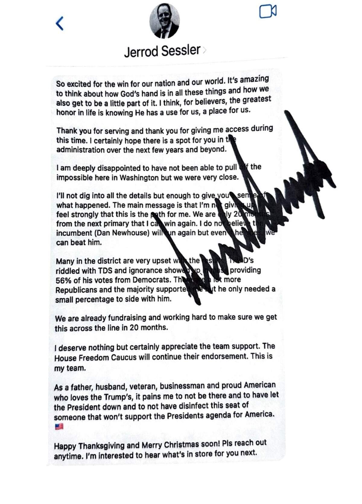 Prosser Republican Jerrod Sessler, who is running to succeed U.S. Rep. Dan Newhouse in Congress, says a December 2024 autograph from President Donald Trump serves as an endorsement of his midterm campaign.