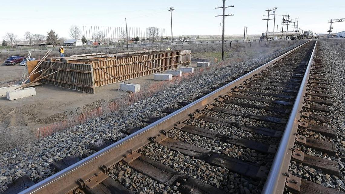 Concrete forms are in place on Highway 124 about five miles from Burbank, as workers from Scarsella Brothers of Seattle begin construction on an $11 million overpass at the Union Pacific railroad crossing. The project also will realign Monument Drive, which currently parallels the tracks.