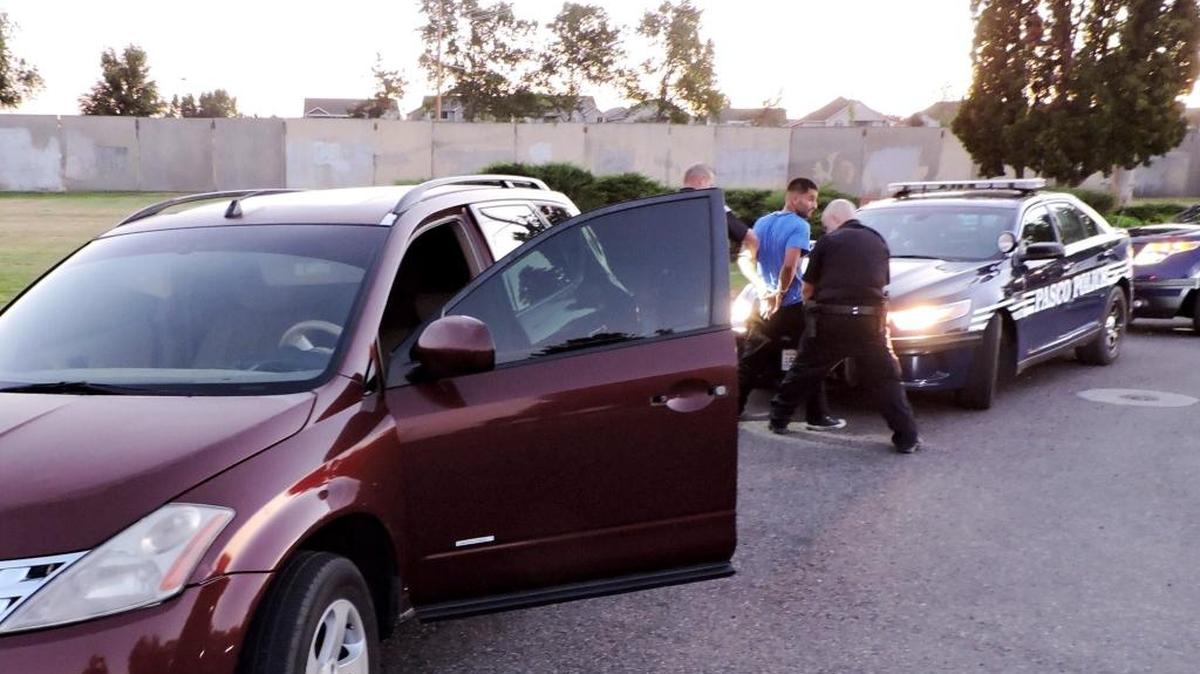 Pasco police arrest Guillermo Jiminez Farias for an outstanding warrant and possible narcotics after he fell asleep at the wheel of his Nissan Murano early Sunday morning. Officers found an open beer in the console and observed possible narcotics and drug paraphernalia in the vehicle.