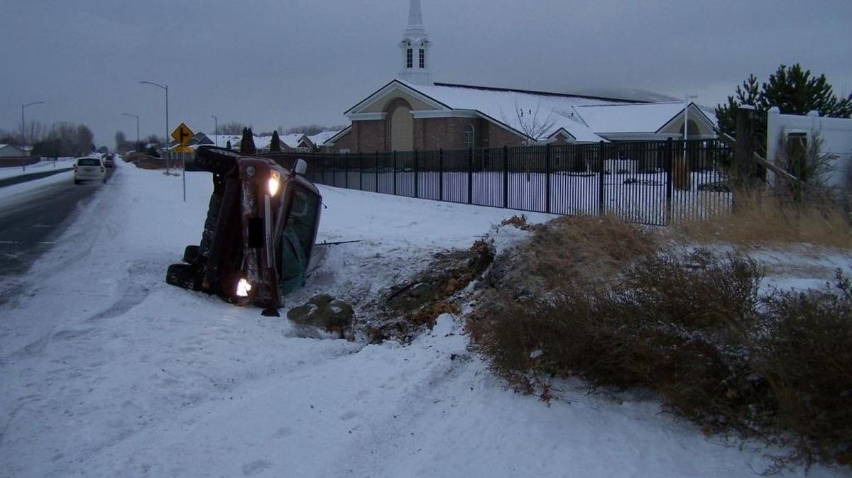 Police are warning drivers to slow down as freezing rain is forecast. This vehicle hit ice on the road in West Richland Wednesday evening. Injuries were minor.