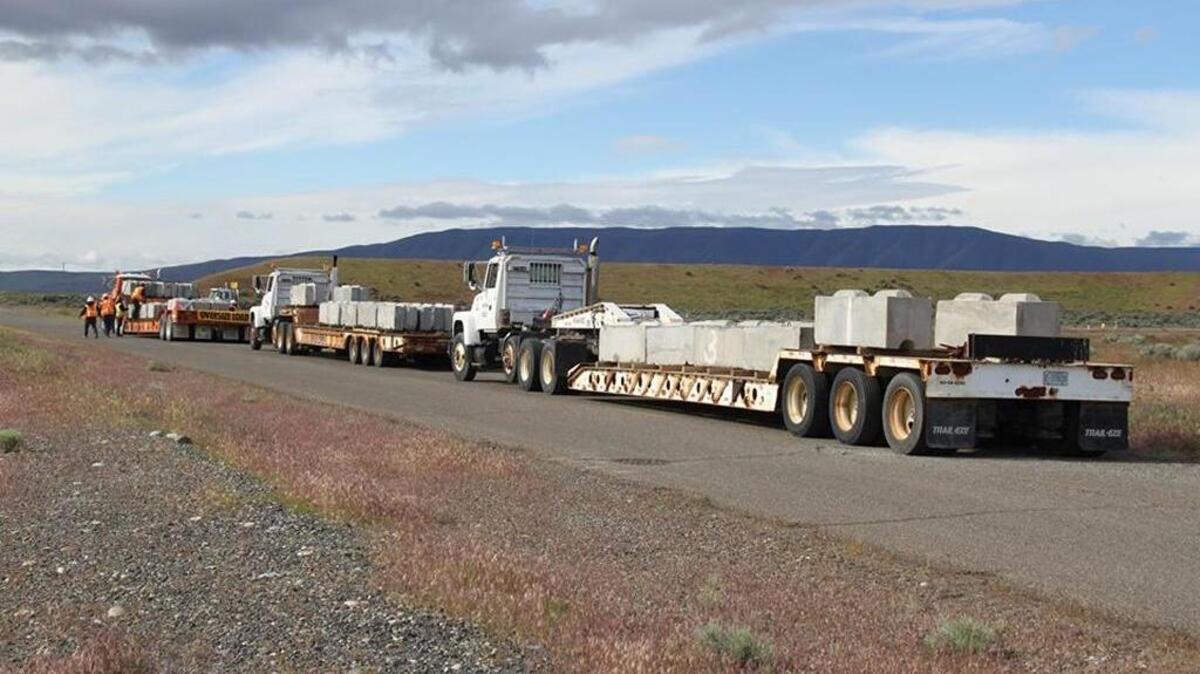 A convoy of trucks hauls ecology blocks to central Hanford over the weekend.