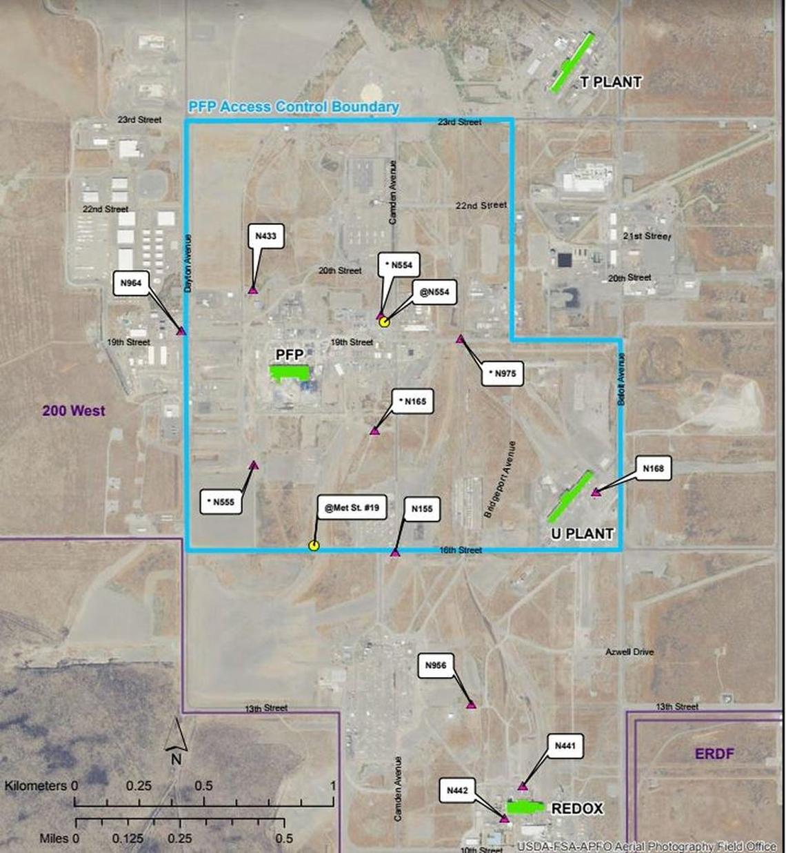 Air monitors were plutonium and americium were detected in late 2017 are shown. The blue boundary shows the expanded access control boundary of the Plutonium Finishing Plant.