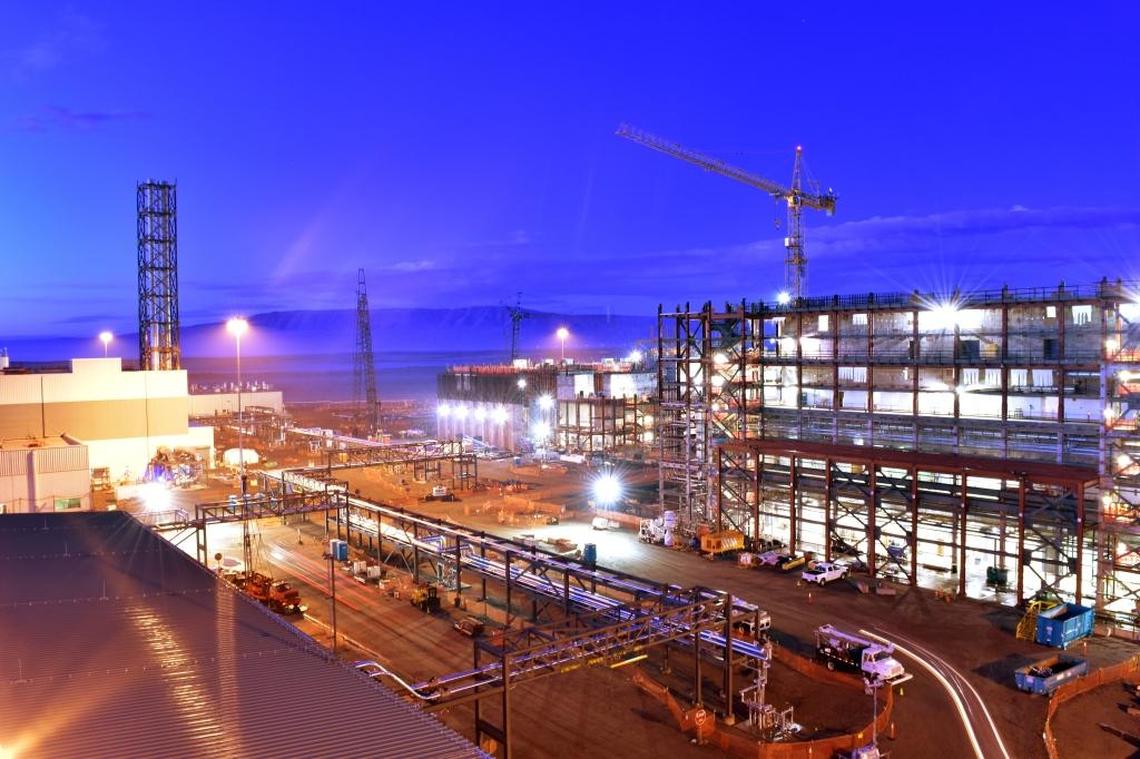 Fog rolls in at night at the vitrification plant being built at the Hanford nuclear reservation.