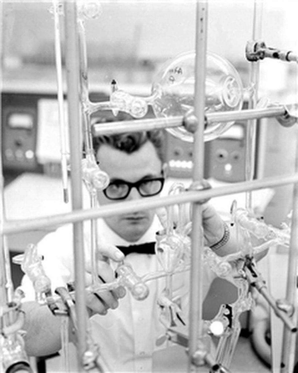 An unidentified employee works in the Hanford 325 Building chemistry laboratory in a photo dated 1969.