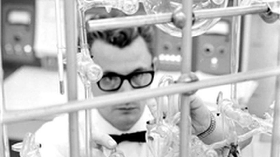 An unidentified employee works in the Hanford 325 Building chemistry laboratory in a photo dated 1969.