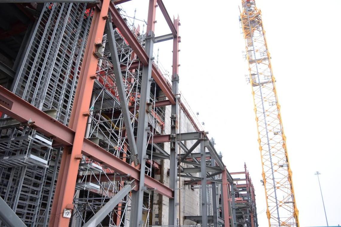 Structural steel frames the exterior of one of the main buildings at the Hanford nuclear reservation’s vitrification plant, the High Level Waste Facility.