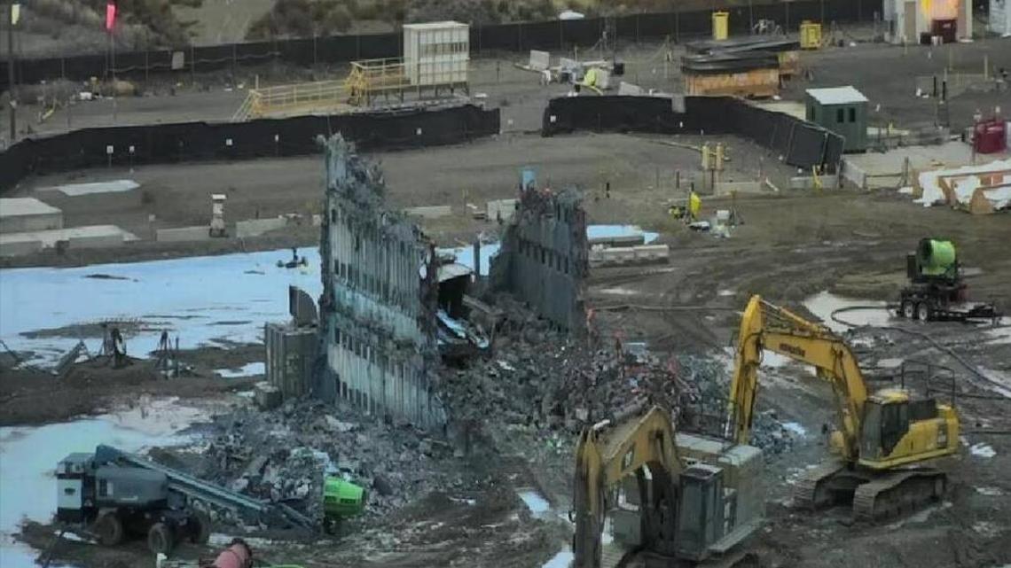 Partial walls of the Plutonium Reclamation Facility remained standing before most demolition of the building was completed in mid-December. The facility is part of the Hanford nuclear reservation’s Plutonium Finishing Plant.