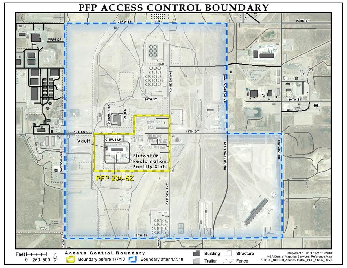 The new access control area around the Plutonium Finishing Plant is shown. No private vehicles are allowed in the area and roads that cross it have been closed to Hanford traffic.