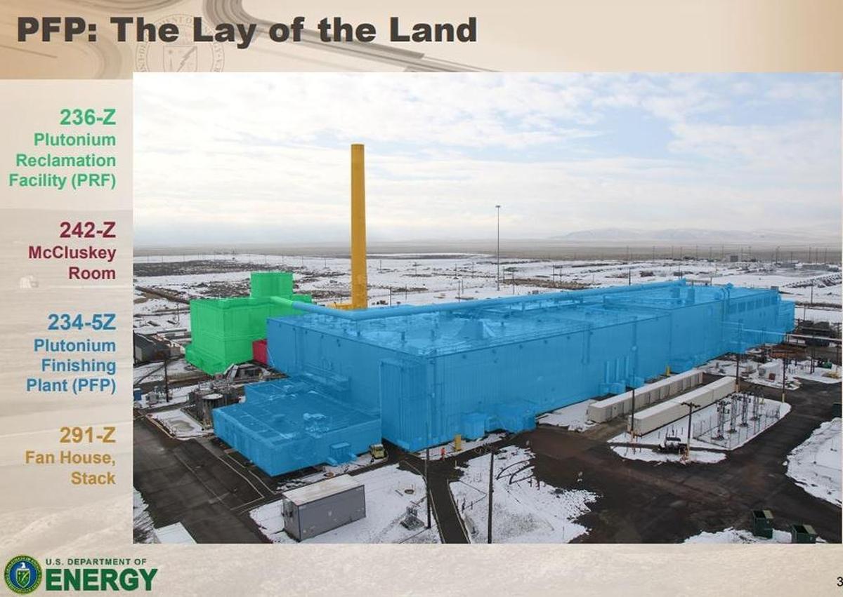 The stack of the Plutonium Finishing Plant is shown in yellow, the Plutonium Reclamation Facility in green and the main processing area of the plant in blue. The McCluskey Room is in red.