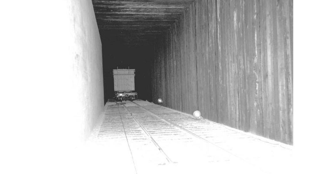 The oldest of the Hanford PUREX plant waste storage tunnels is shown before it was sealed closed.