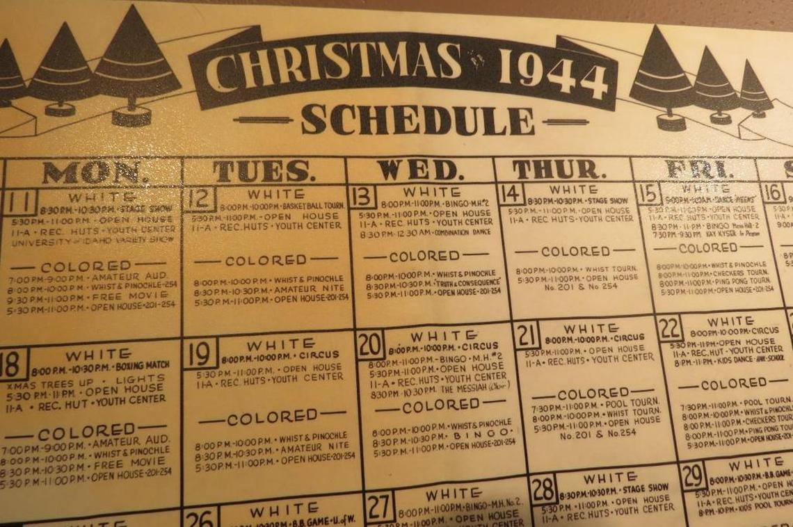 A calendar of entertainment for Hanford nuclear reservation workers and their families in 1944 shows separate and unequal activities.