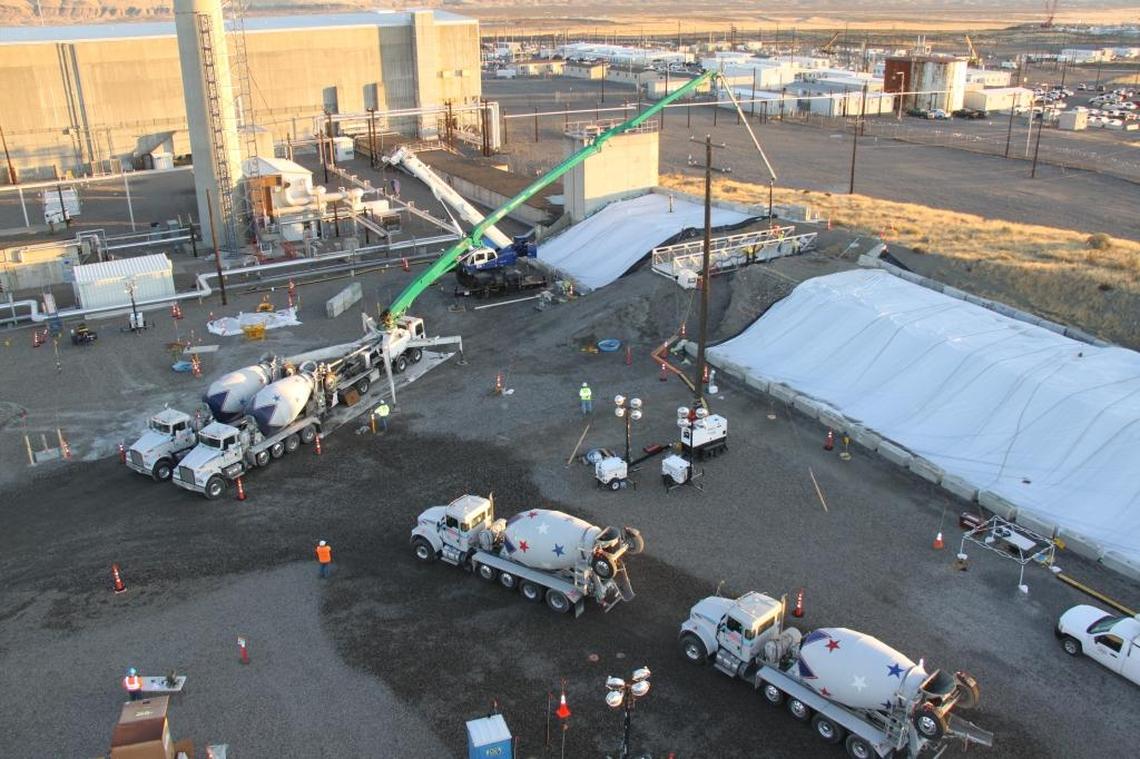 Pumper trucks were used to fill the partially collapsed first tunnel at the Hanford Purex plant with grout.