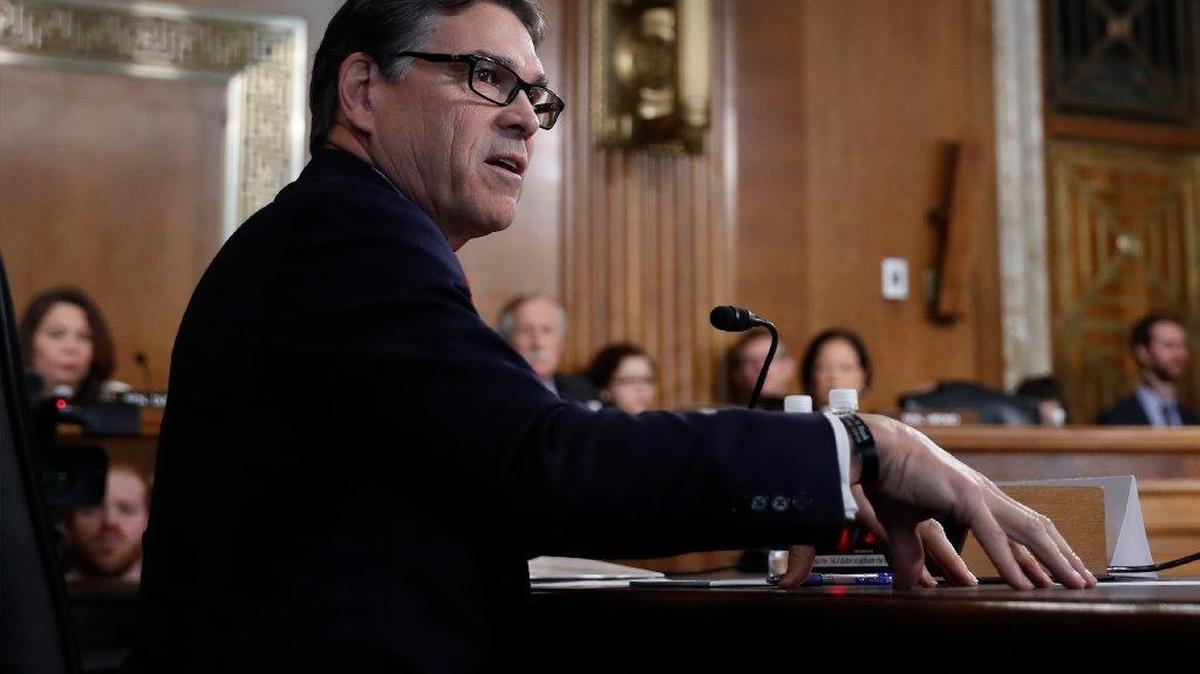 Energy Secretary-designate, former Texas Gov. Rick Perry, testifies on Capitol Hill in Washington on Thursday at his confirmation hearing before the Senate Energy and Natural Resources Committee.