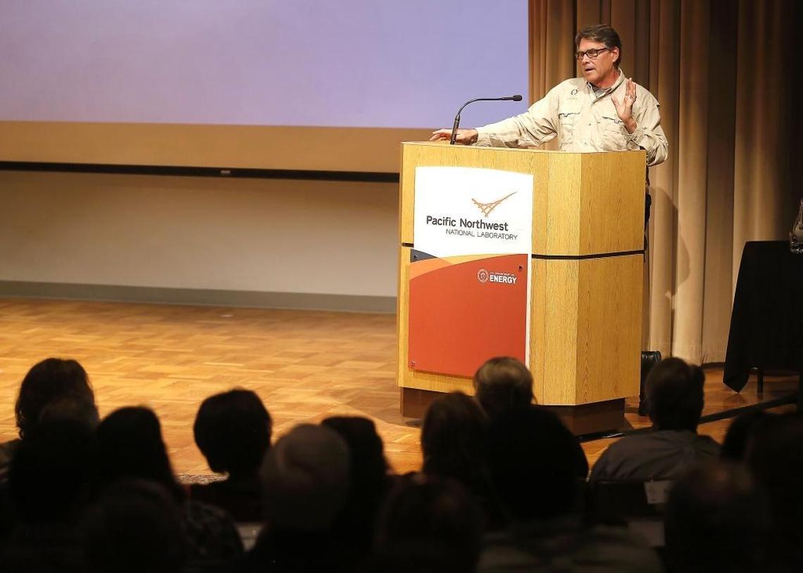 Energy Secretary Rick Perry addresses employees at the Pacific Northwest National Laboratory on Tuesday after touring the Richland lab. Watch a video at tricityherald.com/video.