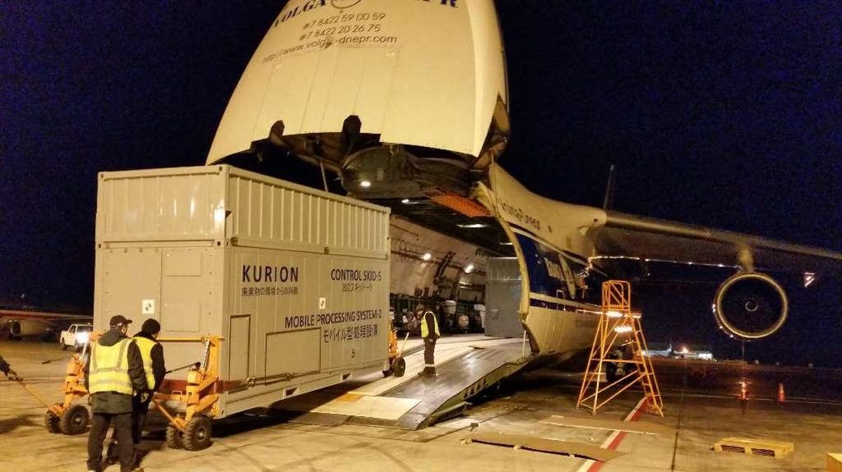 A Kurion mobile processing system built in Richland to remove strontium from contaminated water arrived at Narita International Airport in Japan in late 2014.