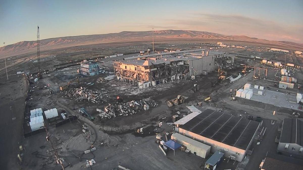 The Plutonium Finishing Plant is shown on Oct. 11 after significant progress had been made to tear down the main process area of the plant. Work should restart soon on the plant’s Plutonium Reclamation Facility, covered in blue fixative, which is no longer attached to the main part of the plant.