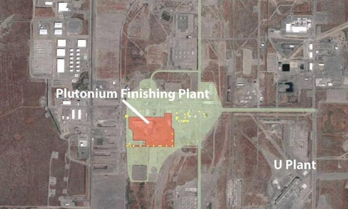 The green area shown on the map covers areas where surveying for the spread of radioactive contamination was done around the Hanford Plutonium Finishing Plant. The orange area shows the radiological control area for the last of the demolition of the plant’s Plutonium Reclamation Facility. Yellow dots show where possible contamination spread both earlier this month outside what was then a smaller radiological control area and also since the demolition of the plant’s reclamation facility.