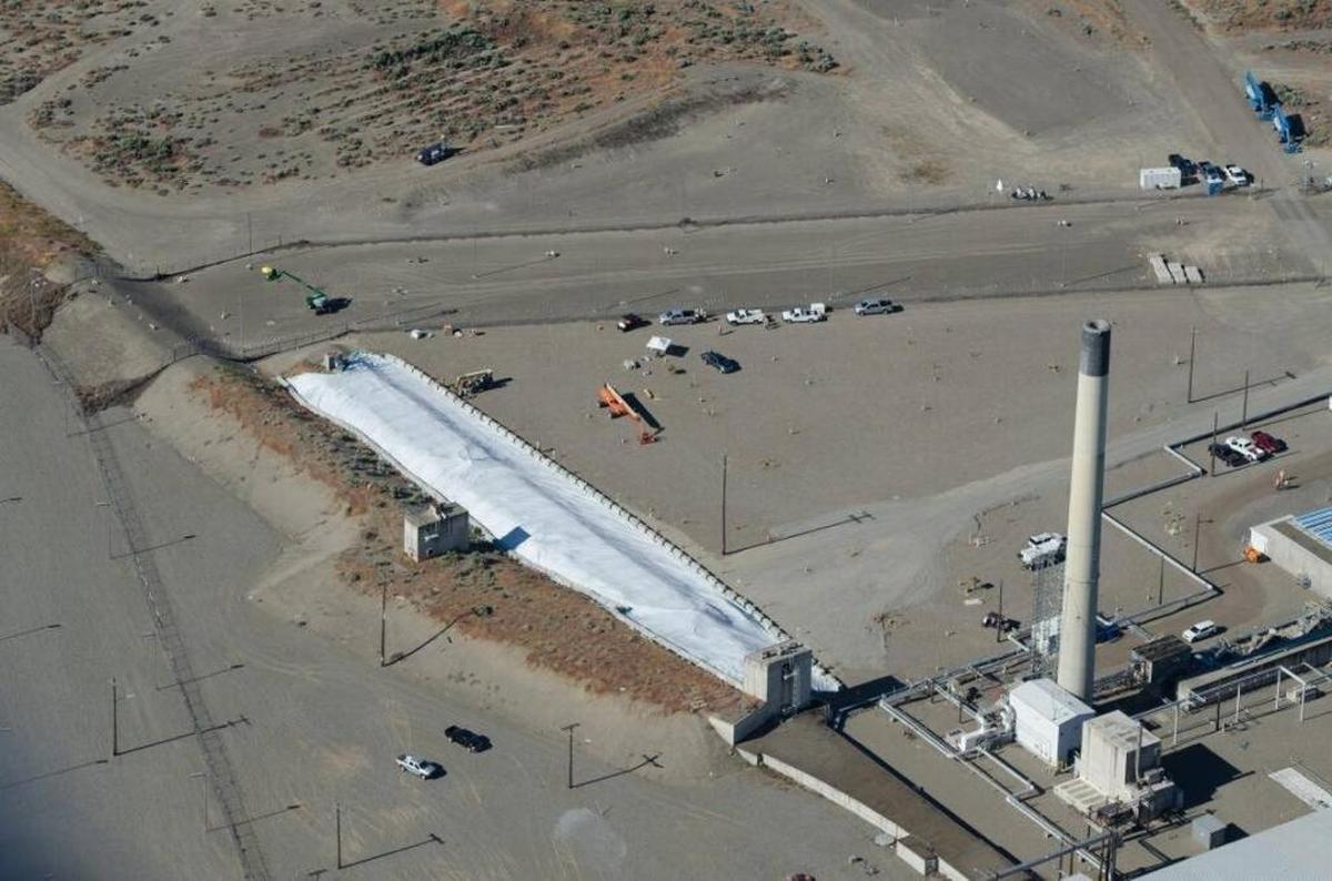 Plastic now covers the shorter of two waste storage tunnels at the Hanford nuclear reservation’s PUREX plant. The second, longer tunnel runs parallel to it.