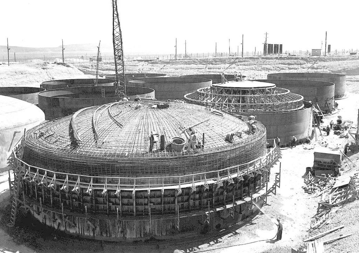 A single-shell tank is shown under construction at the Hanford nuclear reservation. Construction on the tanks to store radioactive waste began in 1943.
