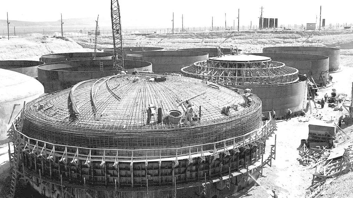 A single-shell tank is shown under construction at the Hanford nuclear reservation. Construction on the tanks to store radioactive waste began in 1943.