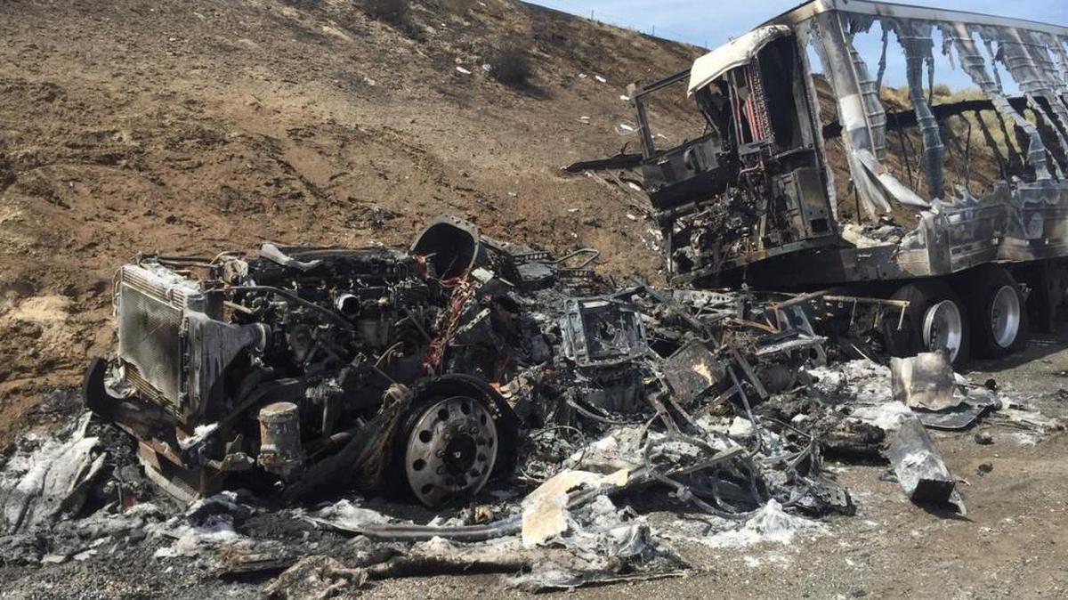 The fire started about 12:20 p.m. at the Dallas Road offramp on Interstate 82 after the truck’s driver heard a weird noise.