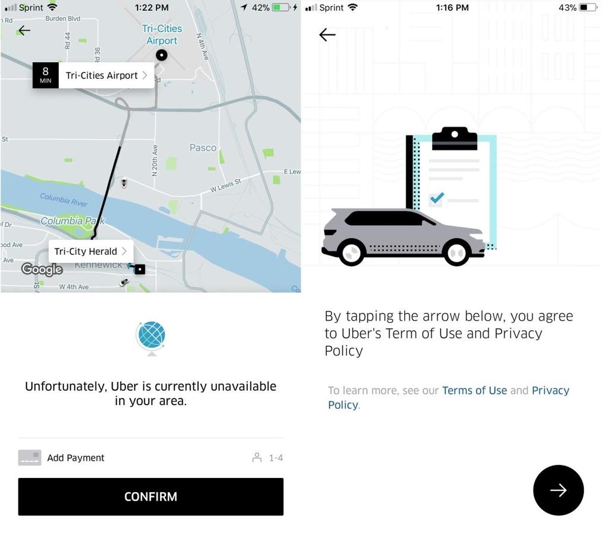 A screen shot of what the Uber app looks like on a cell phone.