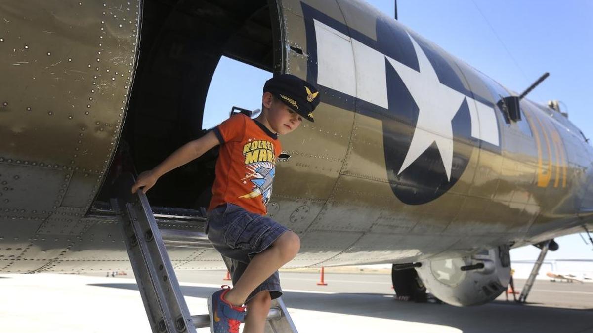 Justus Teas, 5, of Pasco, steps down from a B-17G Flying Fortress on Wednesday during The Wings of Freedom tour in Pasco. Walk-through tours are available 9 a.m. to 5 p.m. June 29 to July 2. Cost is $15 for adults and $5 for kids 12 and younger. No reservation is needed. See a video at tricityherald.com/video