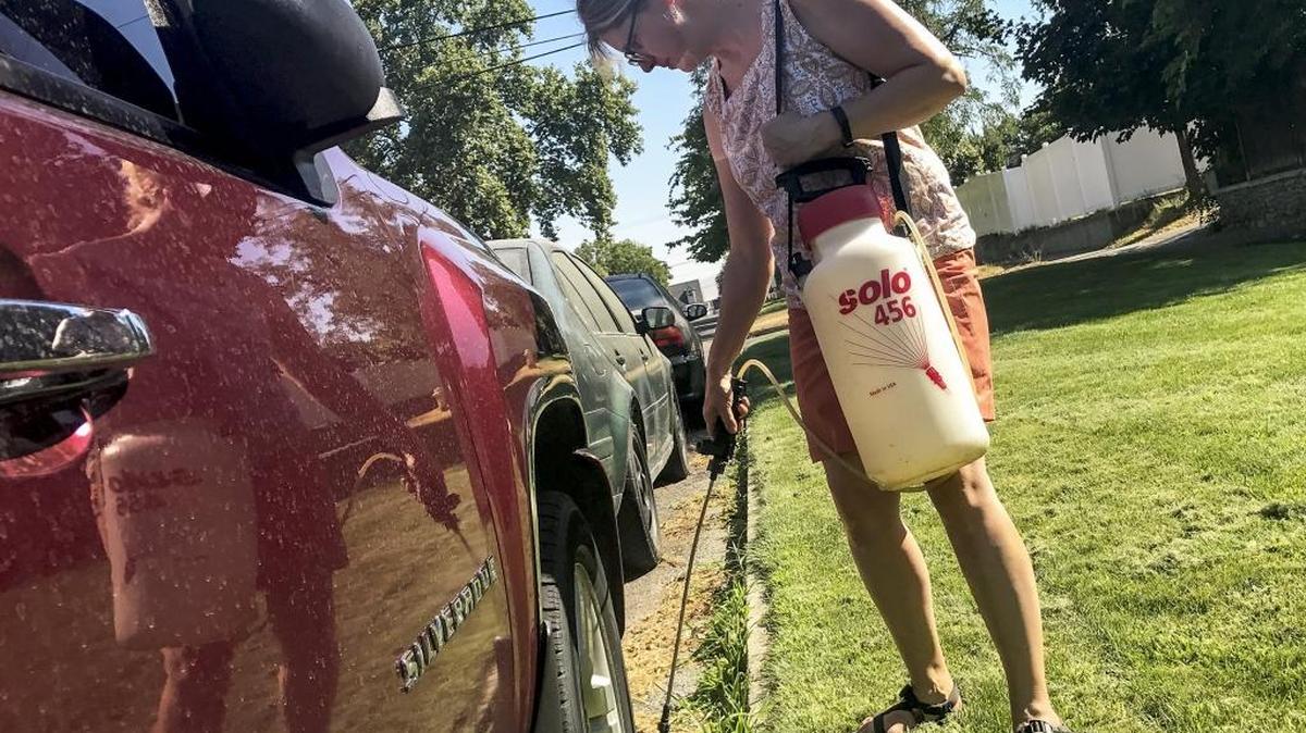 Robyn Davis of Kennewick sprays weeds near her lawn Tuesday afternoon. Davis said weed killer works best on when weather is warmer. But officials are warning people to use caution when working outside in triple-digit temperatures.