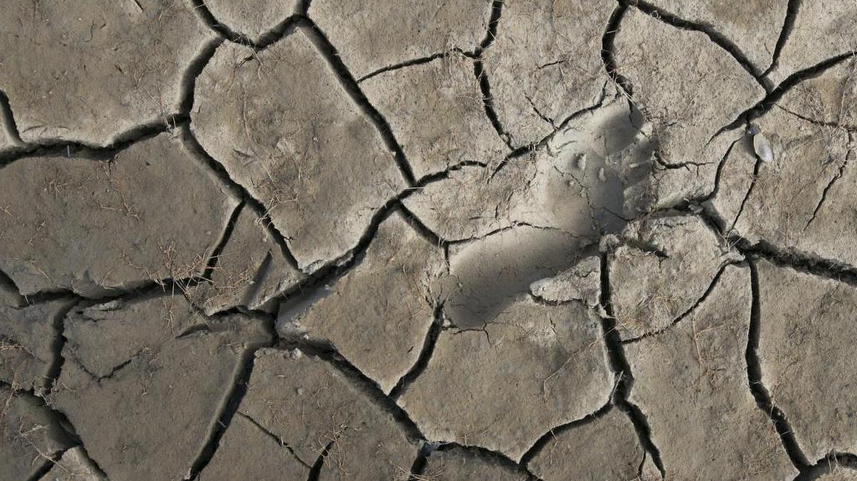 A footprint is seen in the dried, cracked earth once covered by the water of the Kachess Reservoir during the 2015 drought.