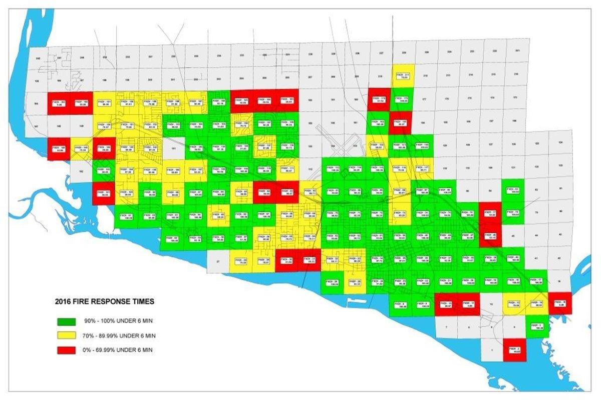 The Pasco Fire Department has a goal of a six-minute response time from 911 call to arriving at the caller’s doorstep, but in 2016 it fell short of meeting that in the Riverview area and north of Interstate 182, between Road 68 and Broadmoor Boulevard.