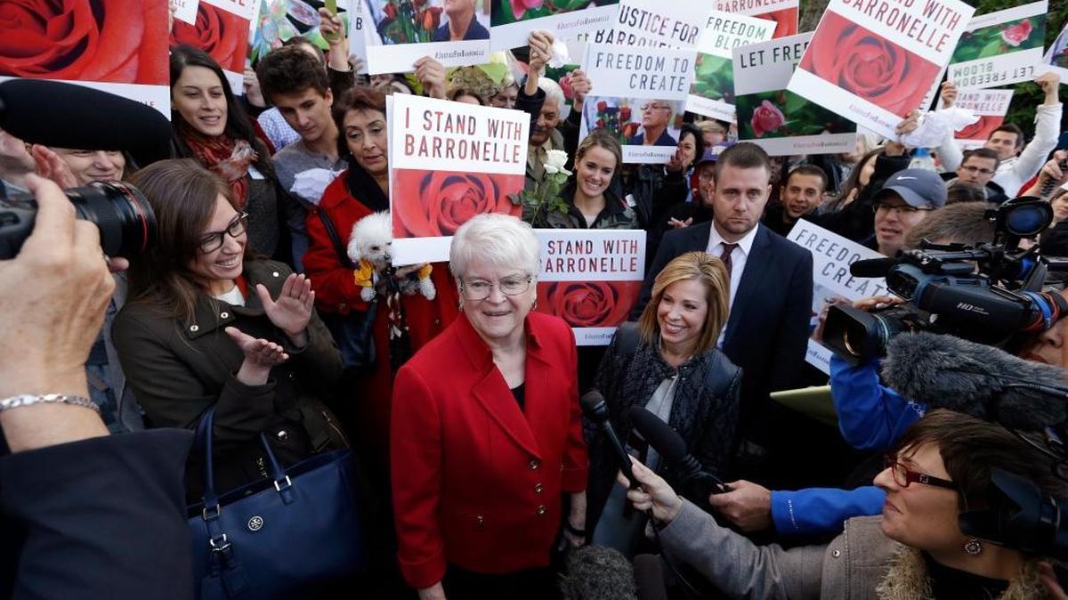 Barronelle Stutzman smiles as she is surrounded by supporters after a hearing Nov. 15, 2016, before Washington’s Supreme Court.