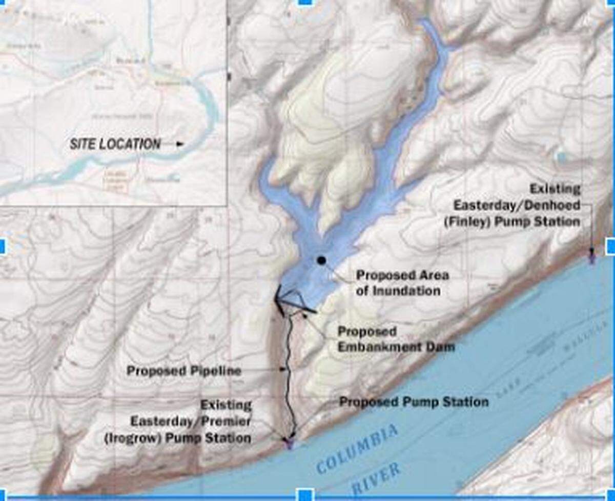The proposed Switzler Reservoir would offer 44,000 acre-feet of storage near the Columbia River to provide an emergency water reserve to irrigators affected by drought.