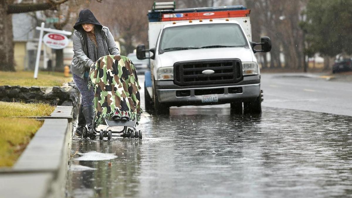 Katrina Mellinger cautiously navigates a flooded sidewalk Thursday morning while pushing a stroller holding her daughter, Naomi Williams, 2, along Goethals Drive near Finch Street in Richland. They were headed to a transit bus stop in the rain when they encountered the waterlogged sidewalk caused by a clogged storm drain. The National Weather Service forecast calling for partly sunny skies over the next couple of days should permit the soggy conditions to dry out.