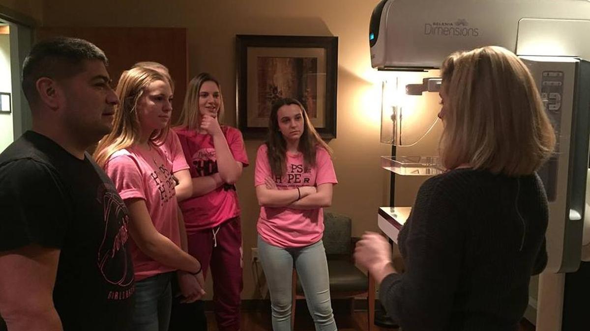 Members of Richland High School’s girls basketball program tour the breast imaging center at Kadlec Regional Medical Center in Richland. The girls are selling T-shirts as a fundraiser for Kadlec Auxiliary Mammogram Assistance Fund, which covers the cost of screening mammograms for uninsured women.