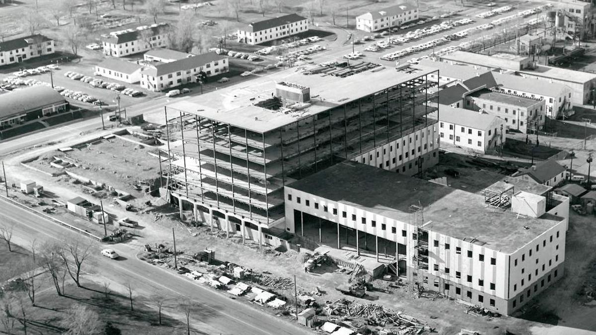 The Federal Building in Richland, which observes its 50 anniversary this year, is shown under construction in this aerial photograph taken in early 1964.