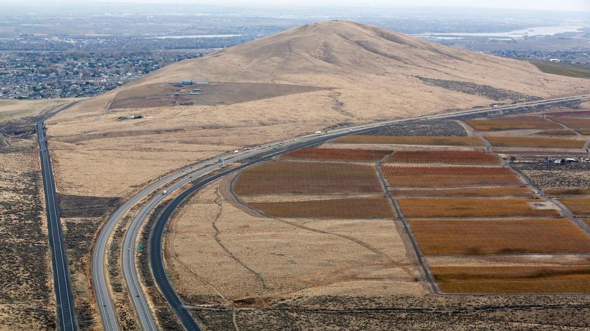 Benton County is buying nearly 200 acres for the Candy Mountain Preserve this spring. This view facing east shows the mountain flanked by Kennedy Road on the left and Interstate 82 curving to the right.