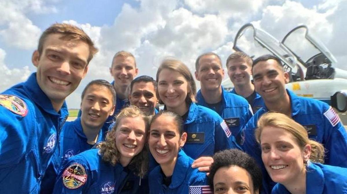 NASA’s 2017 astronaut candidate class stopped for a group photo while getting fitted for flight suits at Ellington Airport near NASA’s Johnson Space Center in Houston. Kayla Barron of Richland is in the middle of the group.