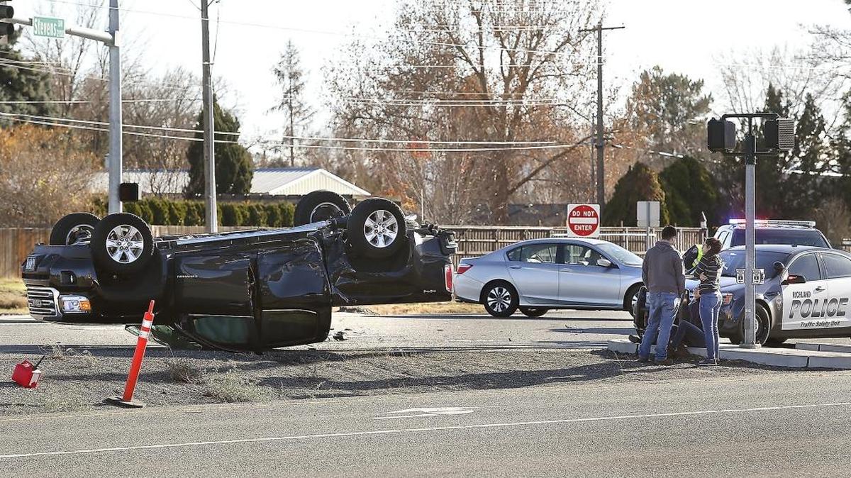 Richland police investigate Monday’s accident that left a GMC pickup on its roof at the intersection of Stevens Drive and Saint Street. Officer Rick Kane said the truck rolled over, but the cause is under investigation. Kane added that no other cars appear to have been involved, and drugs and alcohol were not a factor.