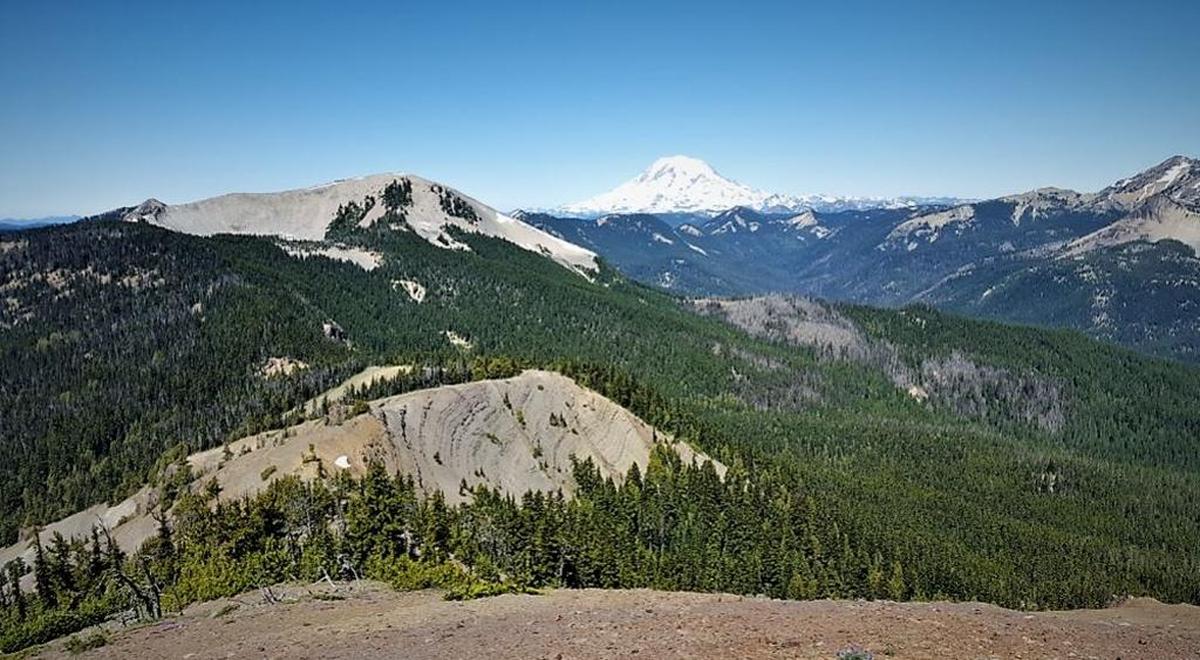 Shellrock Mountain, Chinook Pass and Mount Rainier seen from the top of Burnt Mountain.