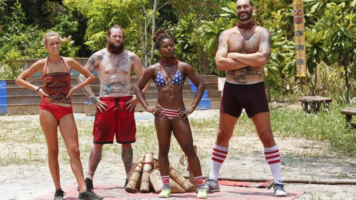 From left, Alecia Holden, Kyle Jason, Cydney Gillon and Scot Pollard are shown during the fourth episode of “Survivor: Kaôh Rong.” Pollard’s former teammates and coach from when he briefly attended Kamiakin High School have been watching him throughout the season.