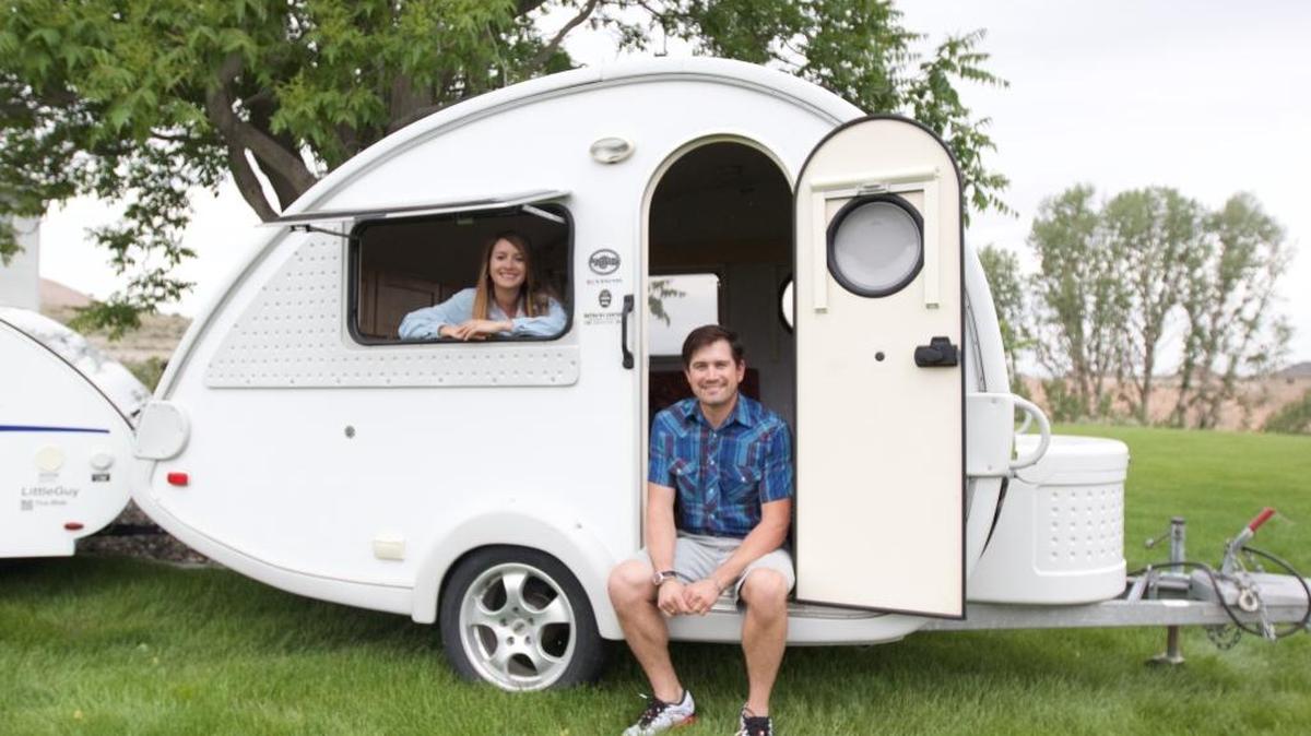 Jay and Dana Cadwell with their teardrop trailers. Their new business, Explore More Northwest, is the area’s only rental company specializing in teardrop trailers.