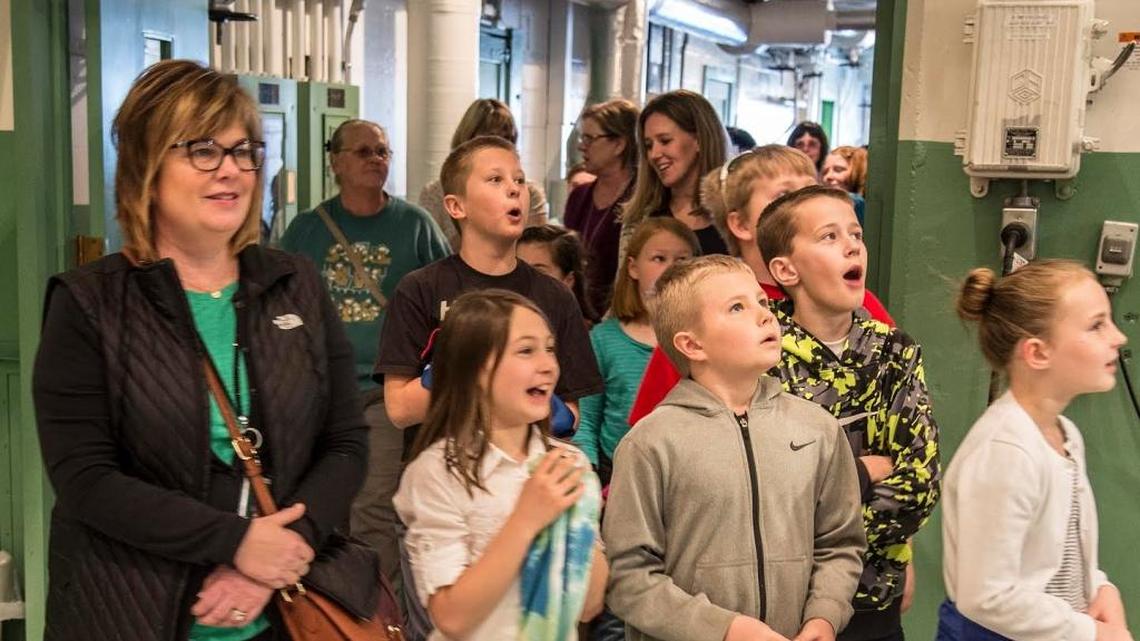 Fourth graders react as they see the towering front face of Hanford’s B Reactor, part of the Manhattan Project National Historical Park.