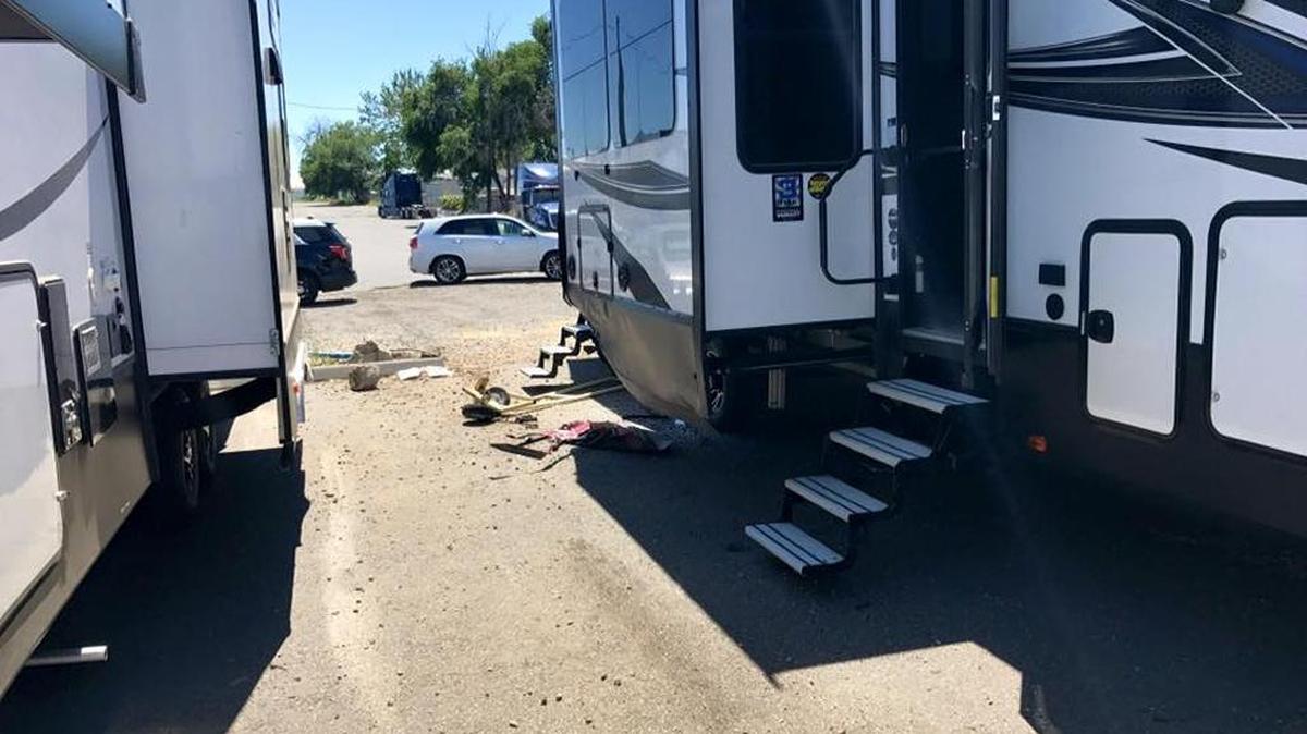 The 72-year-old man apparently passed out and plowed through the back lot of Jakes Cafe off Highway 395 in Kennewick and right into the Blue Dog RV lot, damaging three camp trailers.