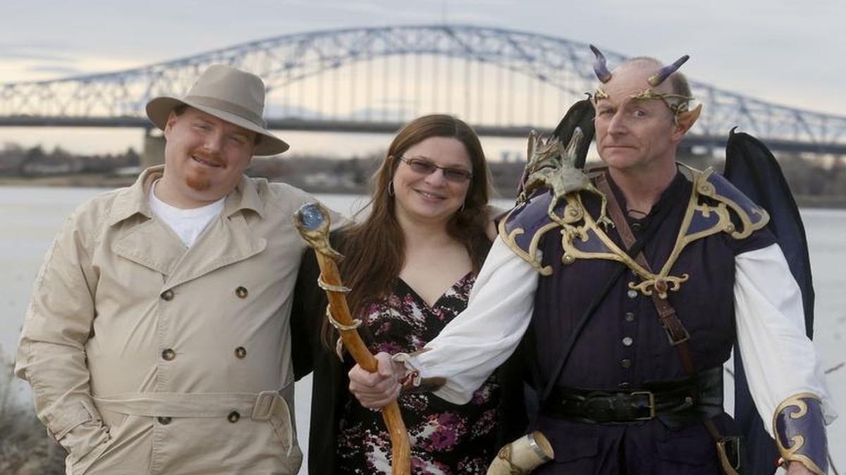 Elizabeth Vann-Clark, RadCon chairwoman, center, and volunteers Devin Andell, left as Inspector Gadget, and Herb Leonhard, as an elf-demon, gather for a photo along the Columbia River in Kennewick. The annual sci-fi/fantasy convention is Feb. 12-14 at the Pasco Red Lion.