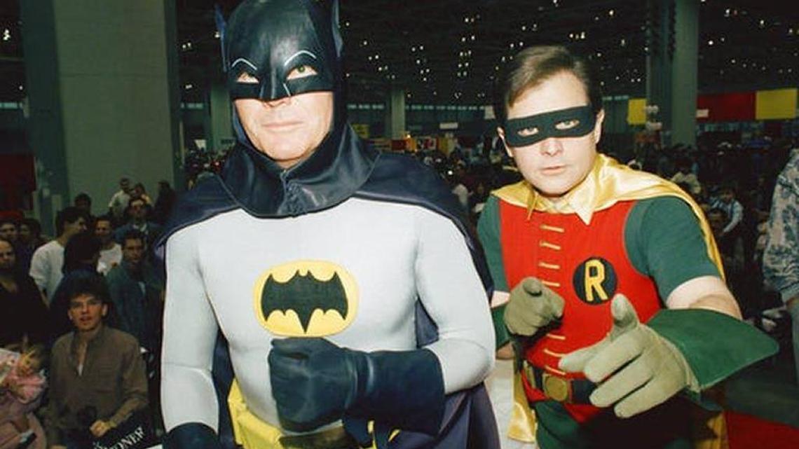 In this 1989 file photo, actors Adam West, left, and Burt Ward, dressed as their characters Batman and Robin, pose for a photo at the “World of Wheels” custom car show in Chicago. West portrayed Batman in a 1960s TV series. He died June 9, and will be recognized during an all-day celebration Tuesday in Walla Walla.