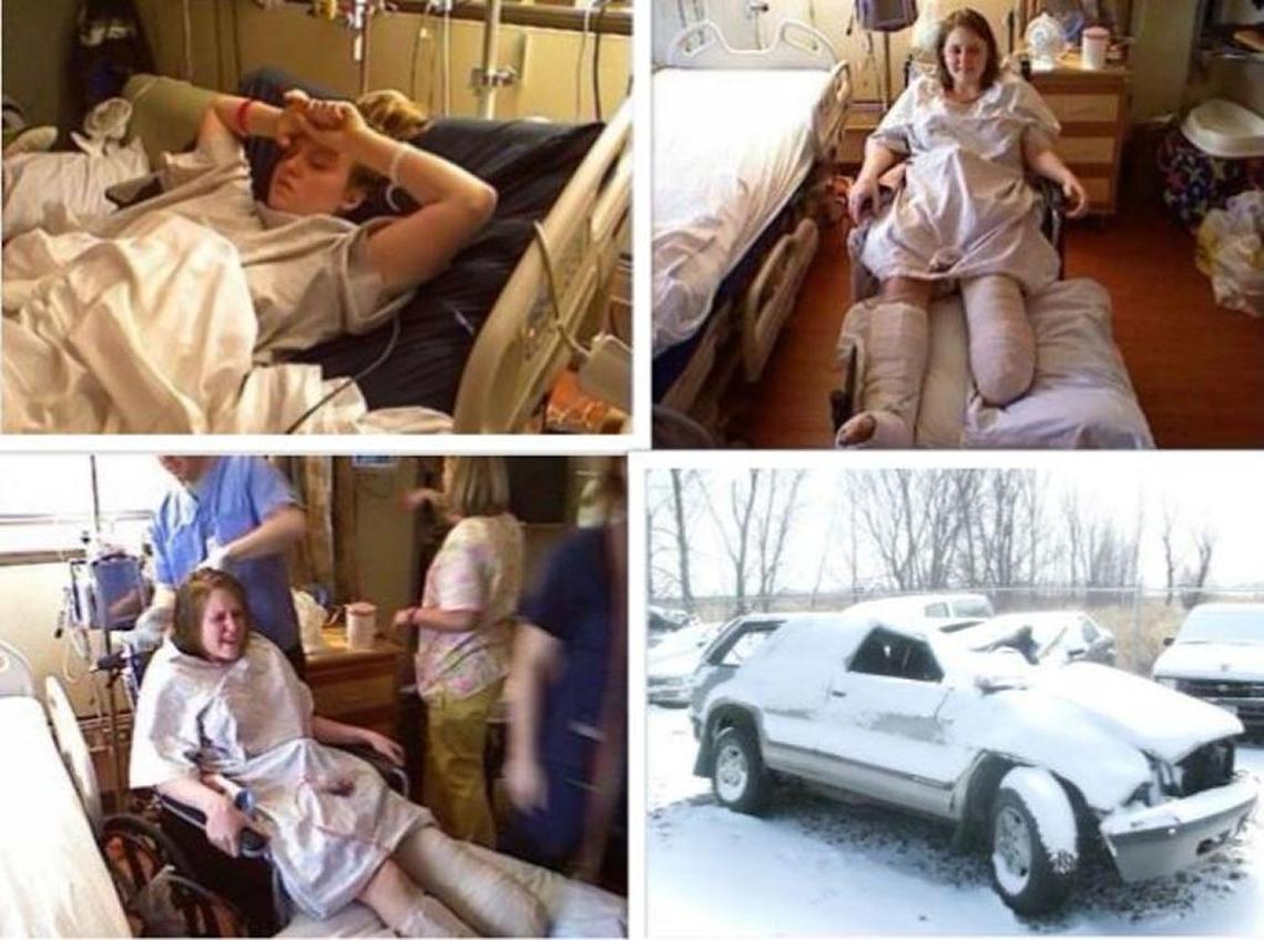 Cassi Juell lost part of her left leg in a 2008 wreck. She’s pictured in the hospital. The bottom right photo is of her vehicle after the wreck.